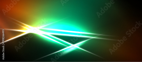 Bright light streaks radiate from central point. Colors blend, creating vibrant, dynamic visual effect. Dark background emphasizes luminosity.