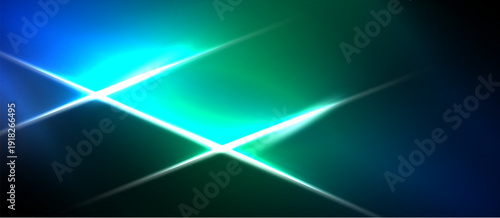 Abstract background features bright lines, gradients. Blue, green hues dominate dark space. Light radiates from central point.