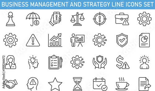 Business management and strategy line icons set, finance analytics security planning outline vector collection for corporate solutions