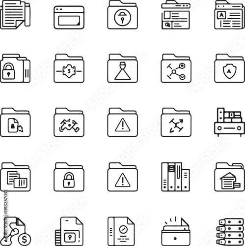 Folders flat line icons set. File catalog, document search, folder synchronization, local network vector illustrations.