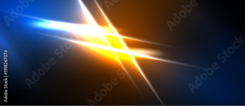 Bright light streaks intersect. Blue, orange, white hues dominate dark background. Energy radiates from central point. Abstract visual effect.
