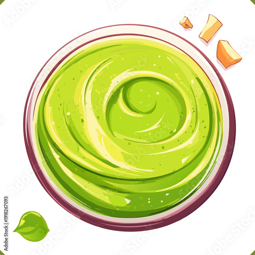 Vector top view illustration of matcha coconut mousse dessert in bowl, isolated on white background