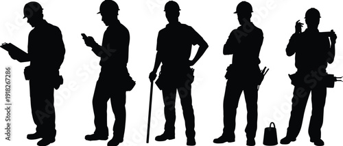 Construction worker silhouettes with clipboard, tools and equipment isolated on white background industrial labor team concept illustration