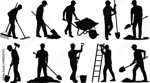Construction worker silhouettes with shovel, ladder and wheelbarrow isolated on white background industrial labor set illustration