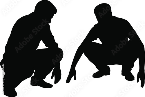Construction worker silhouette squatting and inspecting ground isolated on white background industrial labor concept illustration