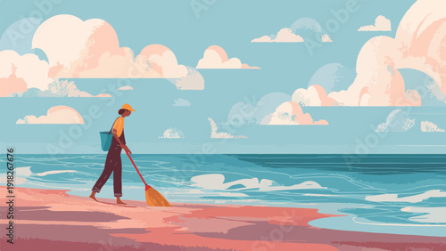 Person with broom cleaning a pinkish sandy beach with blue ocean and pastel clouds