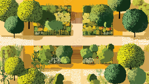 Stylized aerial view of a garden with geometric planting beds and rounded trees