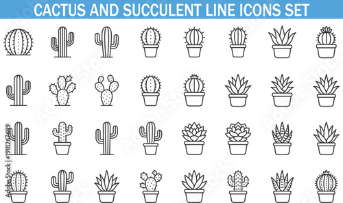Cactus and Succulent Line Icons Set, Desert Plants Collection, Potted Botanical Vector Illustration for Home Decor