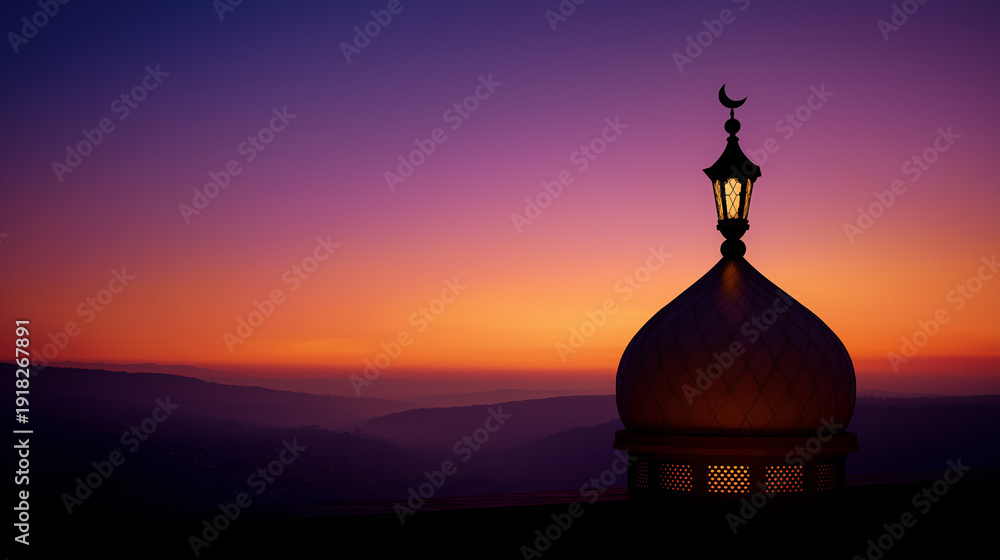 Obraz premium Mosque dome and lantern silhouette against a colorful sunset sky with copy space