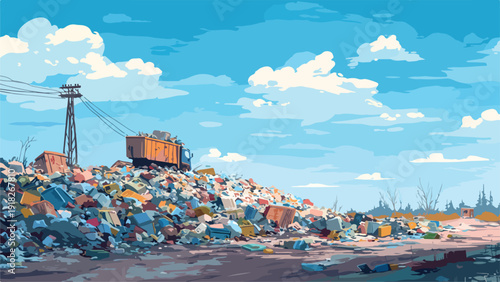 A truck unloads debris onto a large garbage dump under a cloudy sky