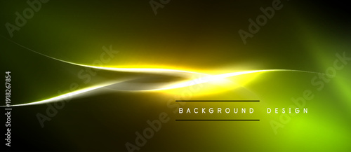 Abstract yellow neon light waves. Smooth gradients create dynamic visual effect. Dark background emphasizes bright illumination.