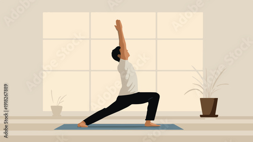 Person performs warrior pose yoga on a mat in a sunlit room