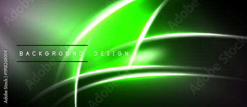 Abstract neon lines create dynamic, glowing curves. Dark background emphasizes bright green, white illumination. Modern design element.