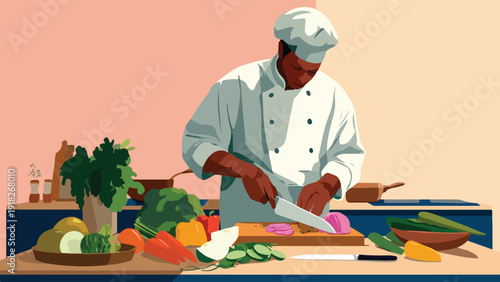 Chef skillfully prepares vegetables for a culinary creation