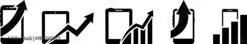 Growth black icon of mobile phone with rising arrow and chart vector set isolated on transparent background