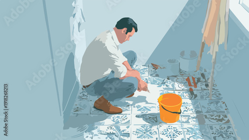 Person tiling a floor with blue and white patterned tiles, using tools and an orange bucket