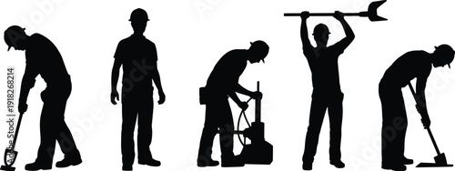 Construction worker silhouettes digging and using tools isolated on white background industrial labor concept illustration