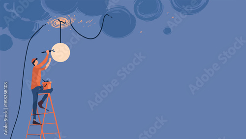Person on ladder fixing light fixture, abstract circular shapes above