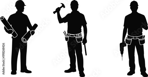Construction worker silhouettes holding blueprints, hammer and drill isolated on white background industrial labor concept illustration