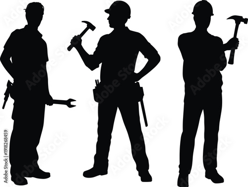 Construction worker silhouettes holding hammer and wrench isolated on white background industrial labor concept illustration