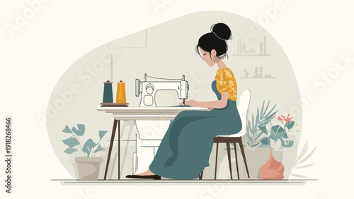 A woman sits at a table, sewing on a vintage machine, surrounded by plants