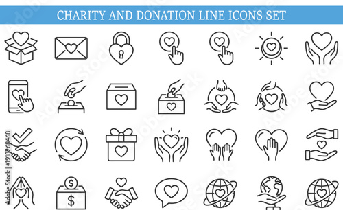 Charity and donation line icons set, love, support, volunteer, nonprofit, fundraising, care, humanitarian aid vector collection