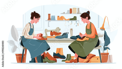 Two craftswomen meticulously handcrafting footwear in a bright, organized workshop