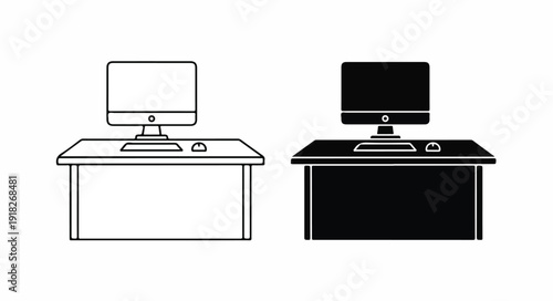 Line art illustration of two computer workstations with monitors and keyboards on desks in black and white.
