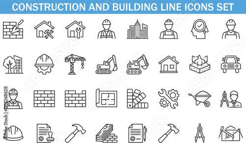 Construction and building line icons set, architecture engineering tools worker equipment vector illustration collection