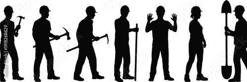 Construction worker silhouettes holding hammer, pickaxe and shovel isolated on white background industrial labor team concept illustration