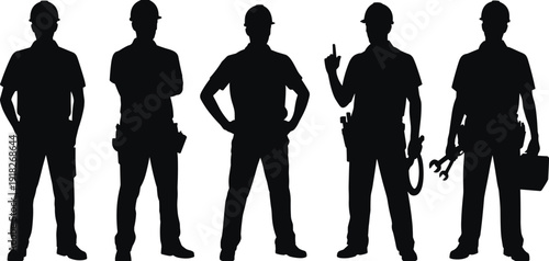 Construction worker silhouettes holding tools standing isolated on white background industrial labor team concept illustration
