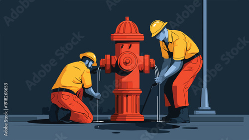 Two workers in yellow shirts and orange pants repair a red fire hydrant
