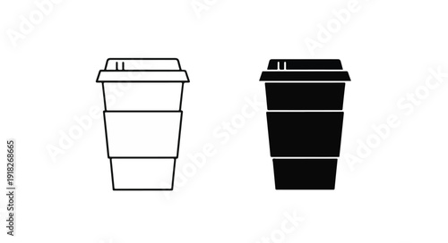 Line art illustration of two disposable coffee cups one black and one white on a plain background.