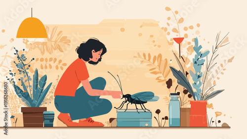 Person studying a large insect with plants and a lamp in a stylized, warm-toned indoor setting