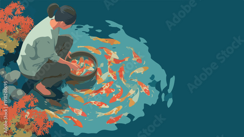 Person crouches by a pond, feeding vibrant koi fish from a bucket
