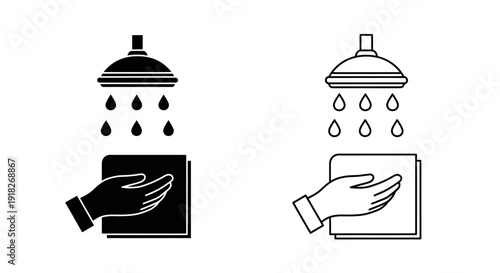 Shower head with hand icon, water drops, and background, clean and modern design Vector