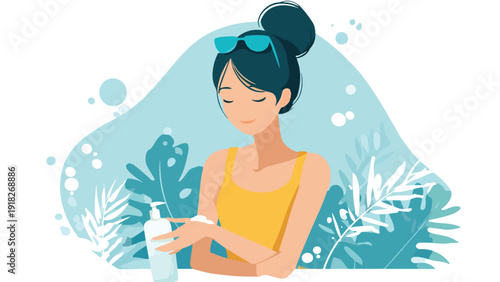 Young woman applying lotion to her hand, surrounded by tropical leaves and abstract shapes