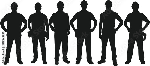 Construction worker silhouettes standing in confident poses isolated on white background industrial labor team concept illustration