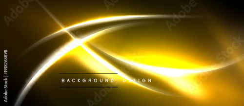 Abstract golden lines create dynamic energy. Bright glow contrasts dark background. Modern design element for projects.