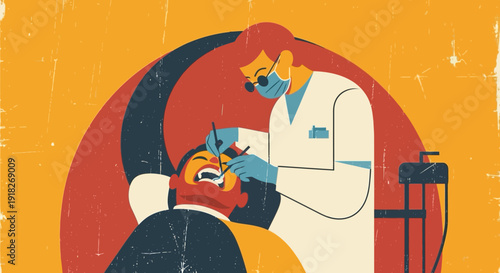 Retro dentist scene with patient and dental equipment in vintage style