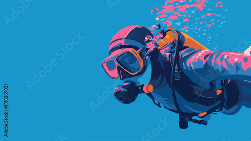 Stylized diver with mask and tank, surrounded by pink bubbles against blue
