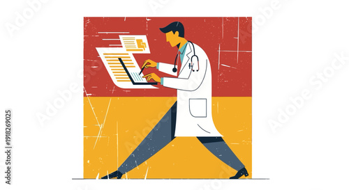 Modern healthcare professional typing on laptop in action-packed graphic style