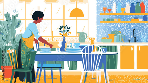 Woman setting table for a meal in a bright, airy kitchen with plants