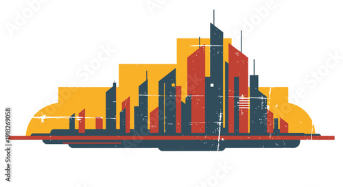 Retro futuristic cityscape with geometric skyline and distressed texture