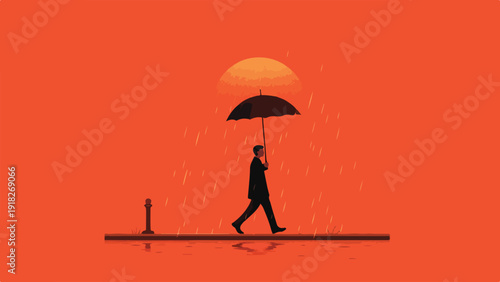 A lone figure walks under an umbrella in the rain against an orange backdrop