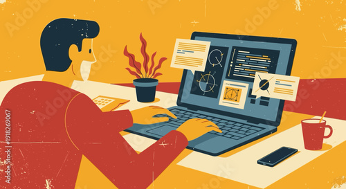 Digital workspace: developer working on laptop in modern vintage style