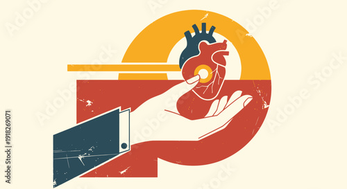 Stylized hand offering human heart graphic in vintage retro color block design