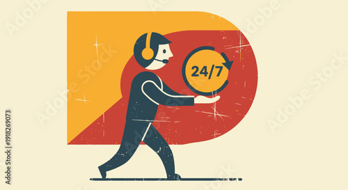Retro style customer support concept with 24 7 service emblem in bold colors