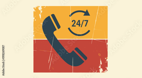 Retro phone icon with 24/7 service in grunge style design