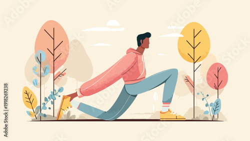 Stylized man doing a lunge stretch outdoors with trees and clouds in the background